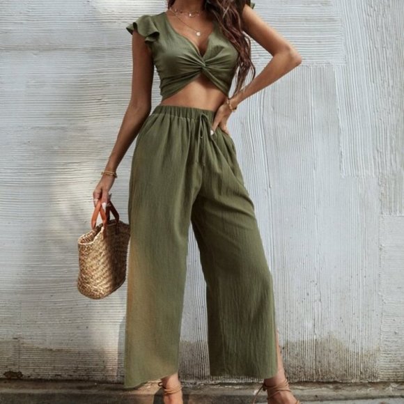 OLIVE Ruffle Trim Twist Top With Pants - Picture 8 of 12